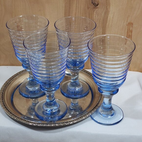 4 Libbey Sirrus Blue Wine Glasses 7" water Goblets vintage horizontal rings - Picture 2 of 7